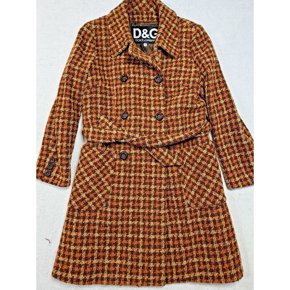 Dolce Gabbana Vtg Plaid Wool Boucle Trench Coat Belted Mob Wife Womens Sz Med